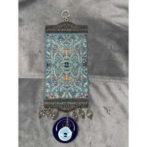 Turkish Evil Eye Wall Hanging Woven Tapestry Nazar Amulet Blue Silver
